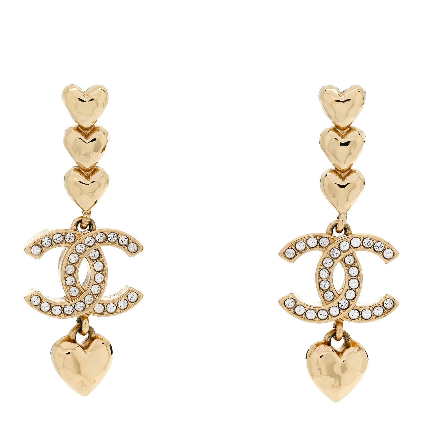 Metal Crystal CC Heart Long Drop Earrings Gold
