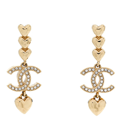 Chanel Metal Crystal CC Heart Long Drop Earrings Gold 1 of 5