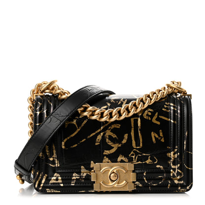 Chanel Calfskin Crocodile Embossed Graffiti Cocodile Small Boy Flap Black Gold 1 of 11