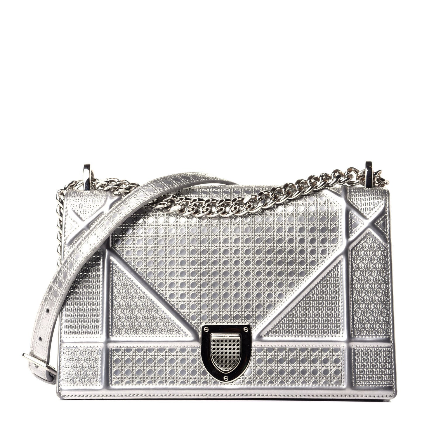 Metallic Patent Micro-Cannage Medium Diorama Flap Bag Silver