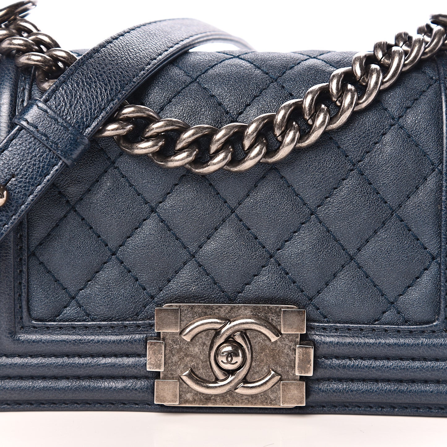 Metallic Calfskin Quilted Small Boy Flap Blue