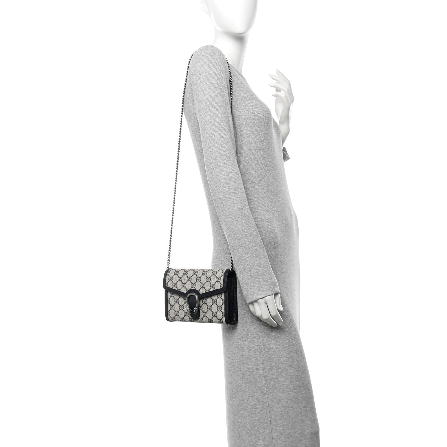 Gucci GG Supreme Monogram Textured Dollar Calfskin Mini Dionysus Chain Wallet Beige Blue 2 of 16