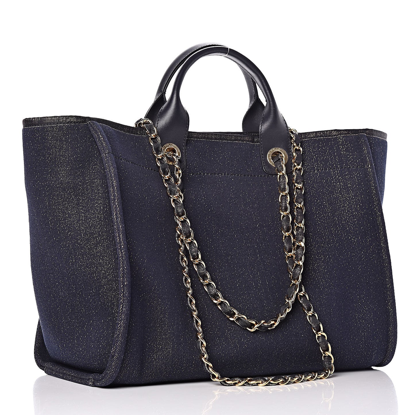 Lurex Canvas Medium Deauville Tote Navy Blue Gold