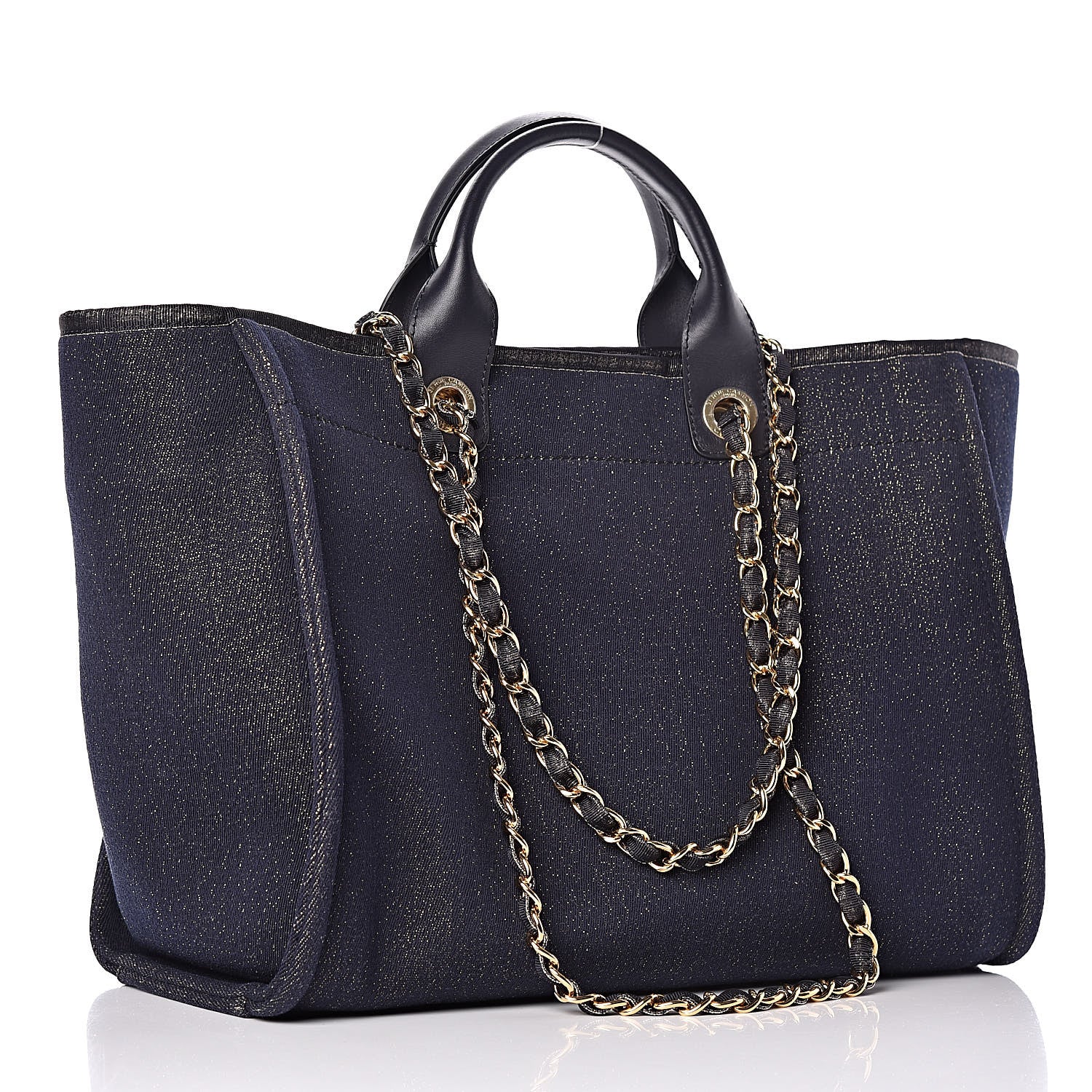 Chanel Lurex Canvas Medium Deauville Tote Navy Blue Gold 3 of 10