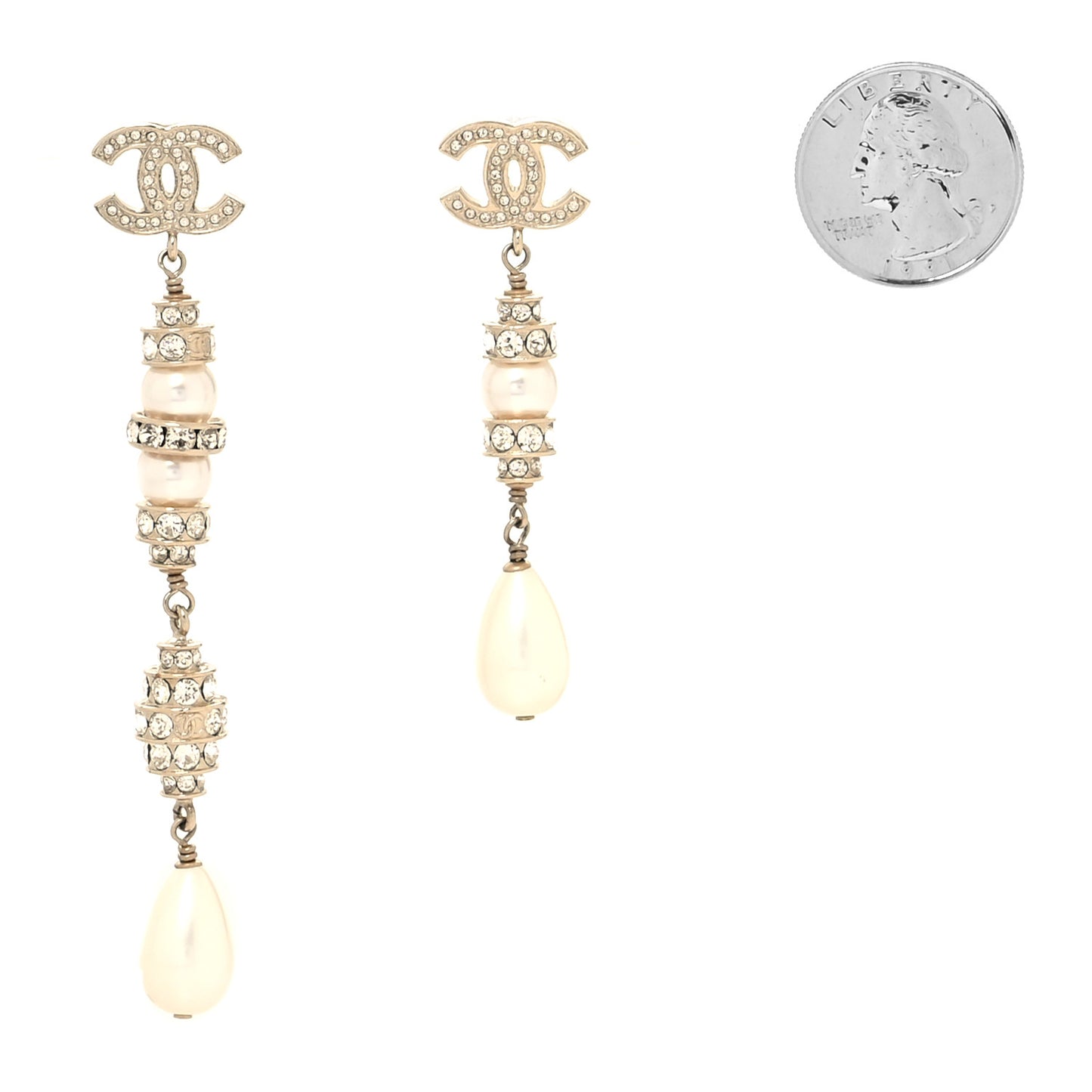 Pearl Crystal CC Uneven Drop Earrings Gold