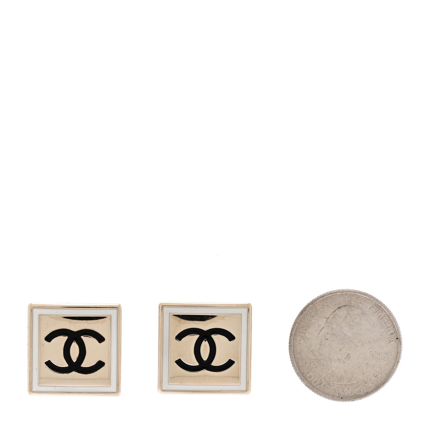 Metal Enamel CC Square Earrings Gold Black White