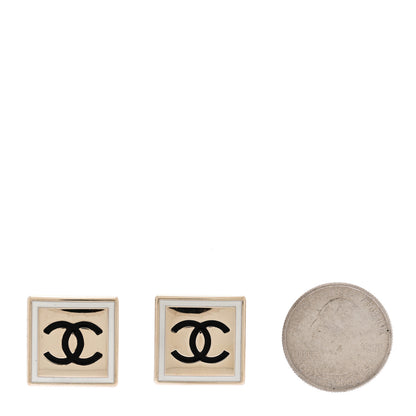 Chanel Metal Enamel CC Square Earrings Gold Black White 2 of 5