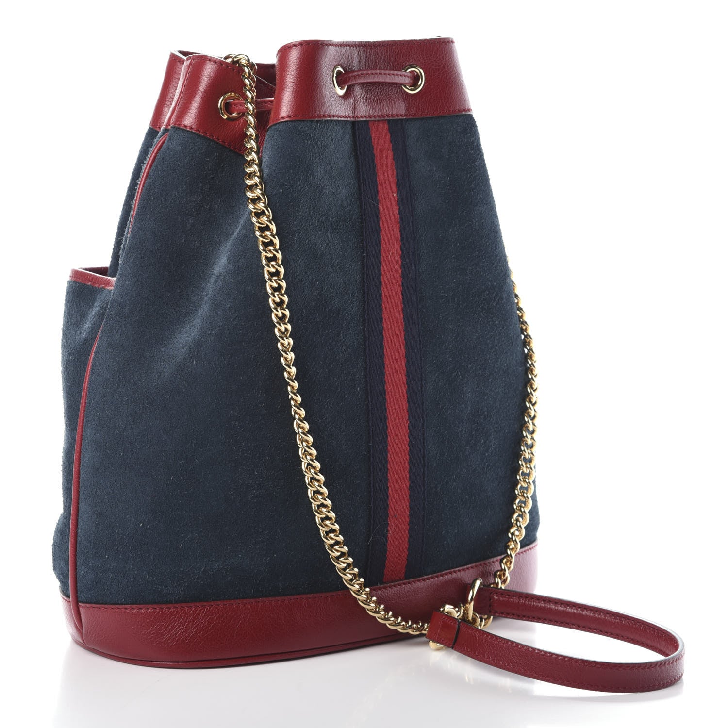 Gucci Suede Calfskin Web Medium Rajah Bucket Bag New Blue Romantic Cherry 3 of 9