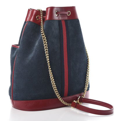Gucci Suede Calfskin Web Medium Rajah Bucket Bag New Blue Romantic Cherry 3 of 9
