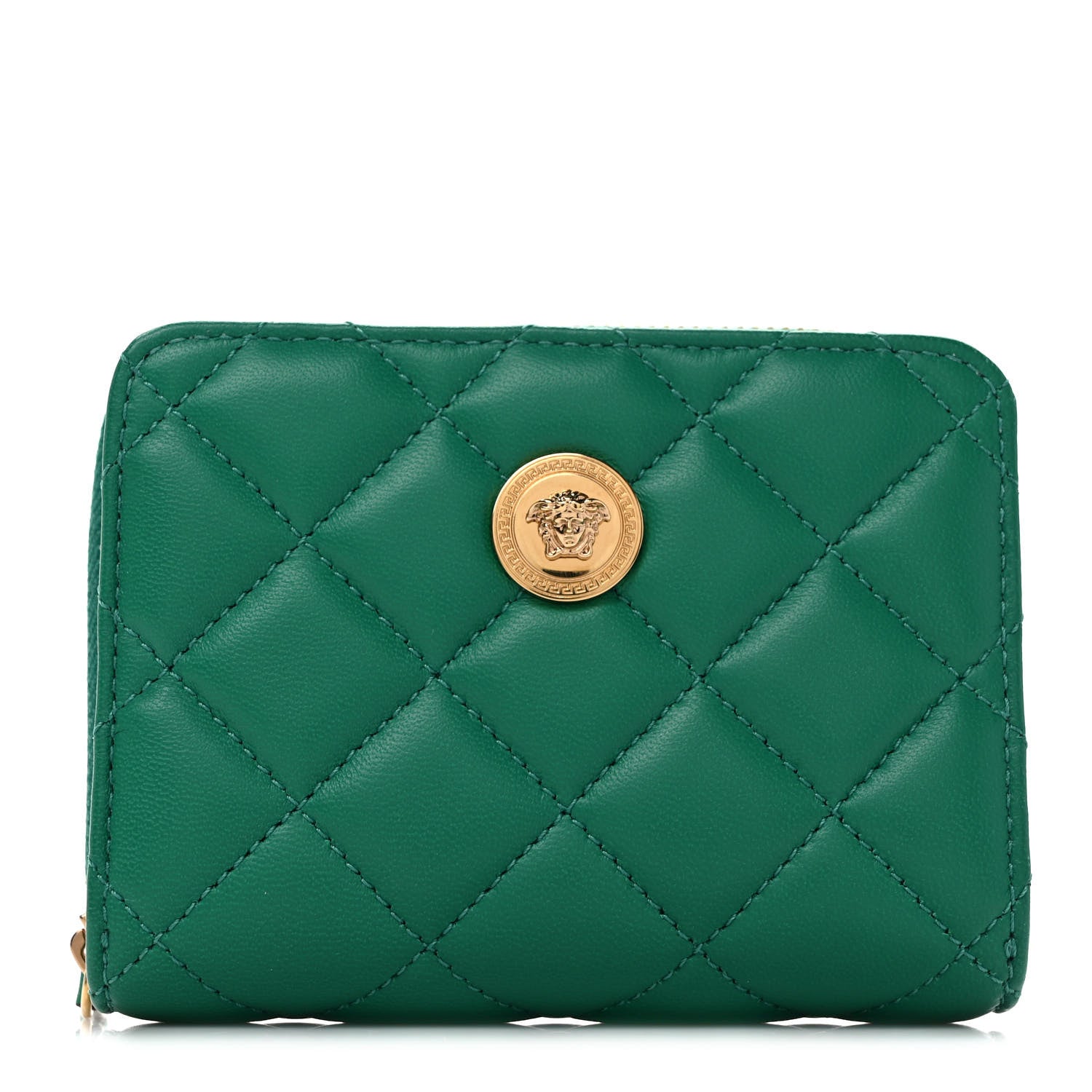 Versace Nappa Quilted Medusa Compact Zip Around Wallet Green 1 of 8