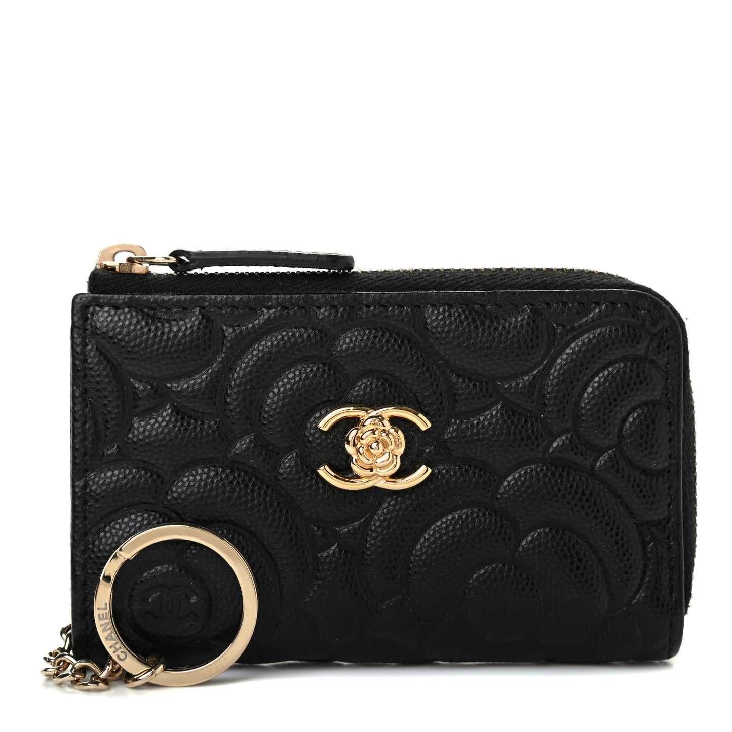 Caviar Camellia Embossed Key Holder Case Black