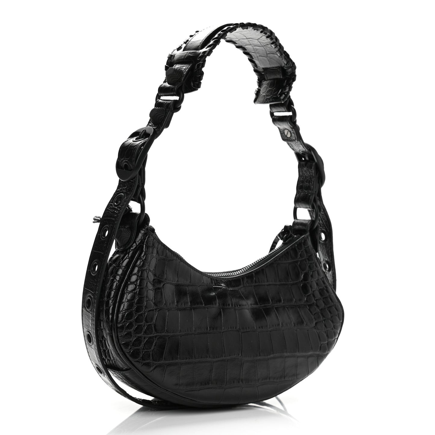 Extra Supple Calfskin Crocodile Embossed Monochrome Le Cagole Shoulder Bag XS Black