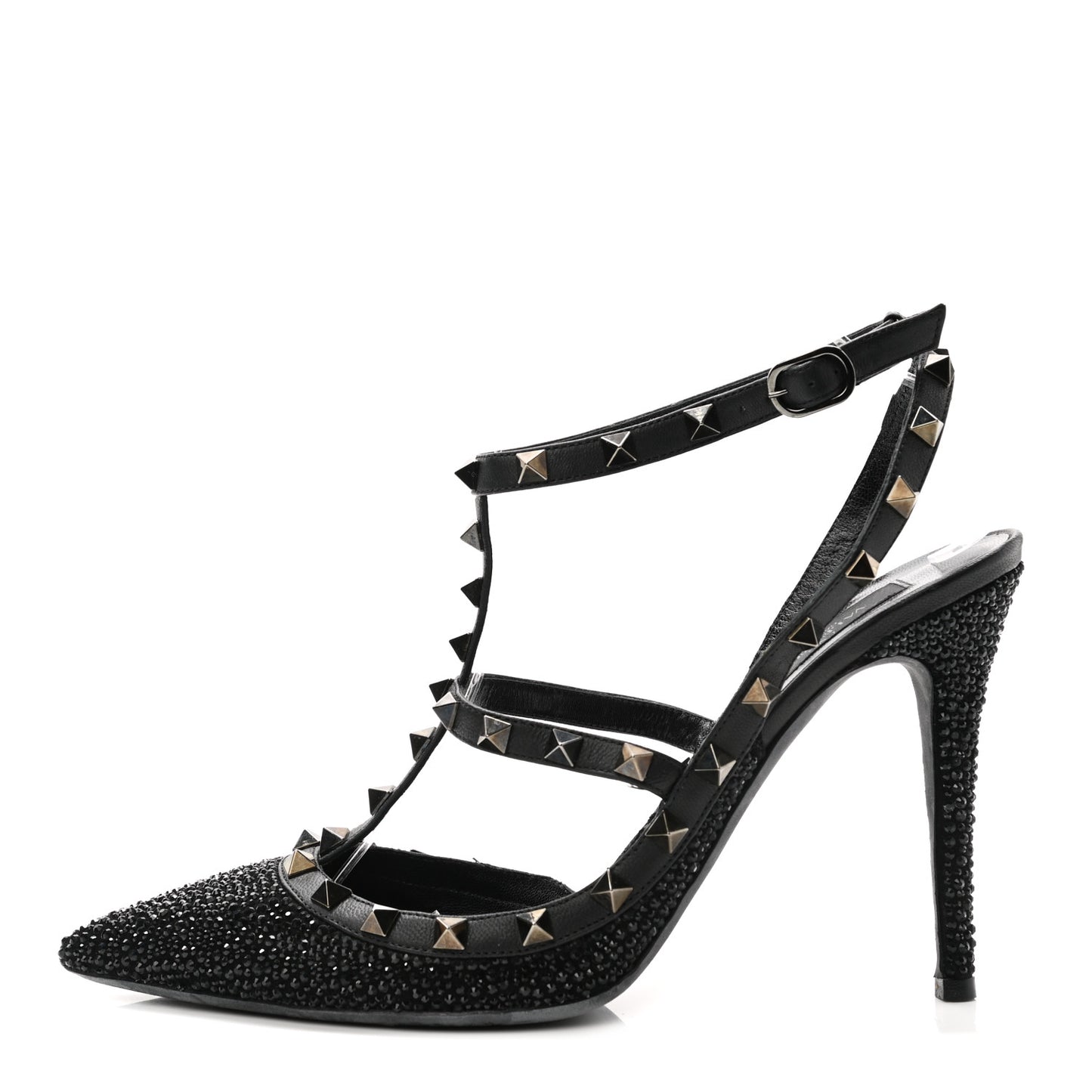 Calfskin Crystal Embellished Rockstud Ankle Strap 100mm Pumps 40 Black