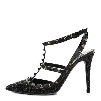 Valentino Garavani Calfskin Crystal Embellished Rockstud Ankle Strap 100mm Pumps 40 Black 1 of 9