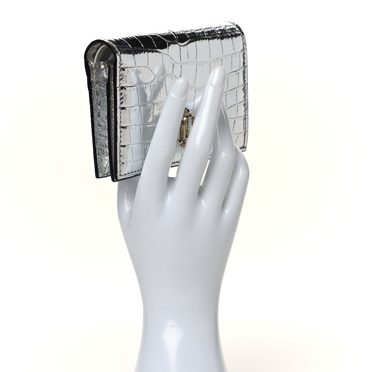 Metallic Calfskin Crocodile Embossed Hanne Wallet Silver