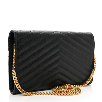 Saint Laurent Grain De Poudre Matelasse Chevron Monogram Chain Wallet Black 3 of 7