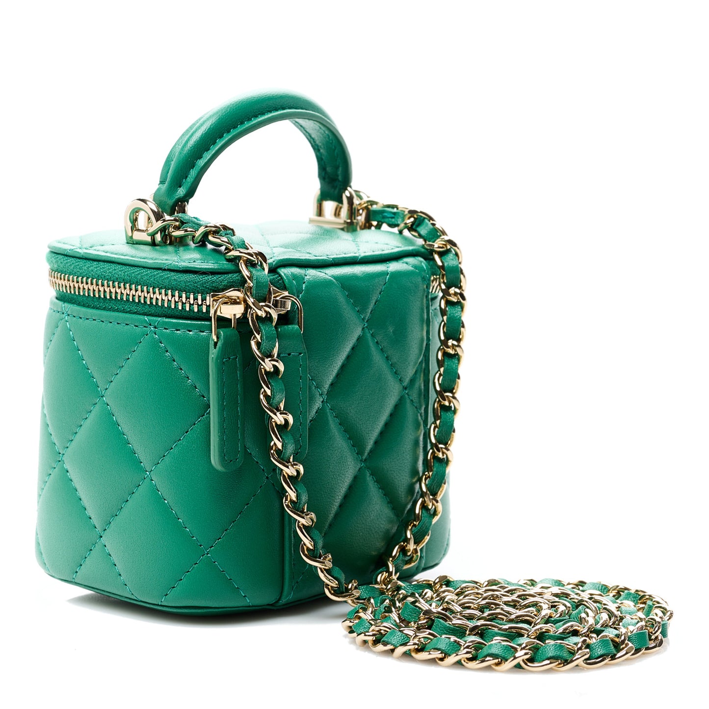 Lambskin Quilted Top Handle Mini Vanity Case With Chain Green