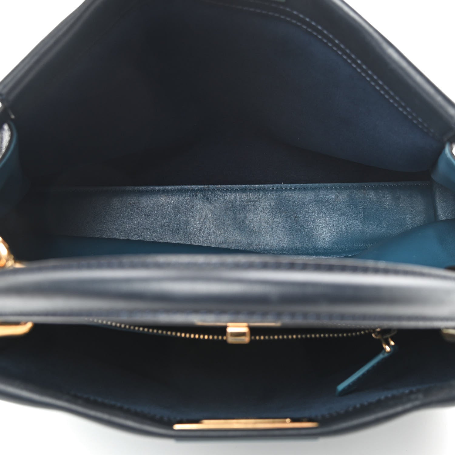 Fendi Vitello Seta Shiny Nappa Large Peekaboo Iconic Satchel Blue Notte Turchese 4 of 9