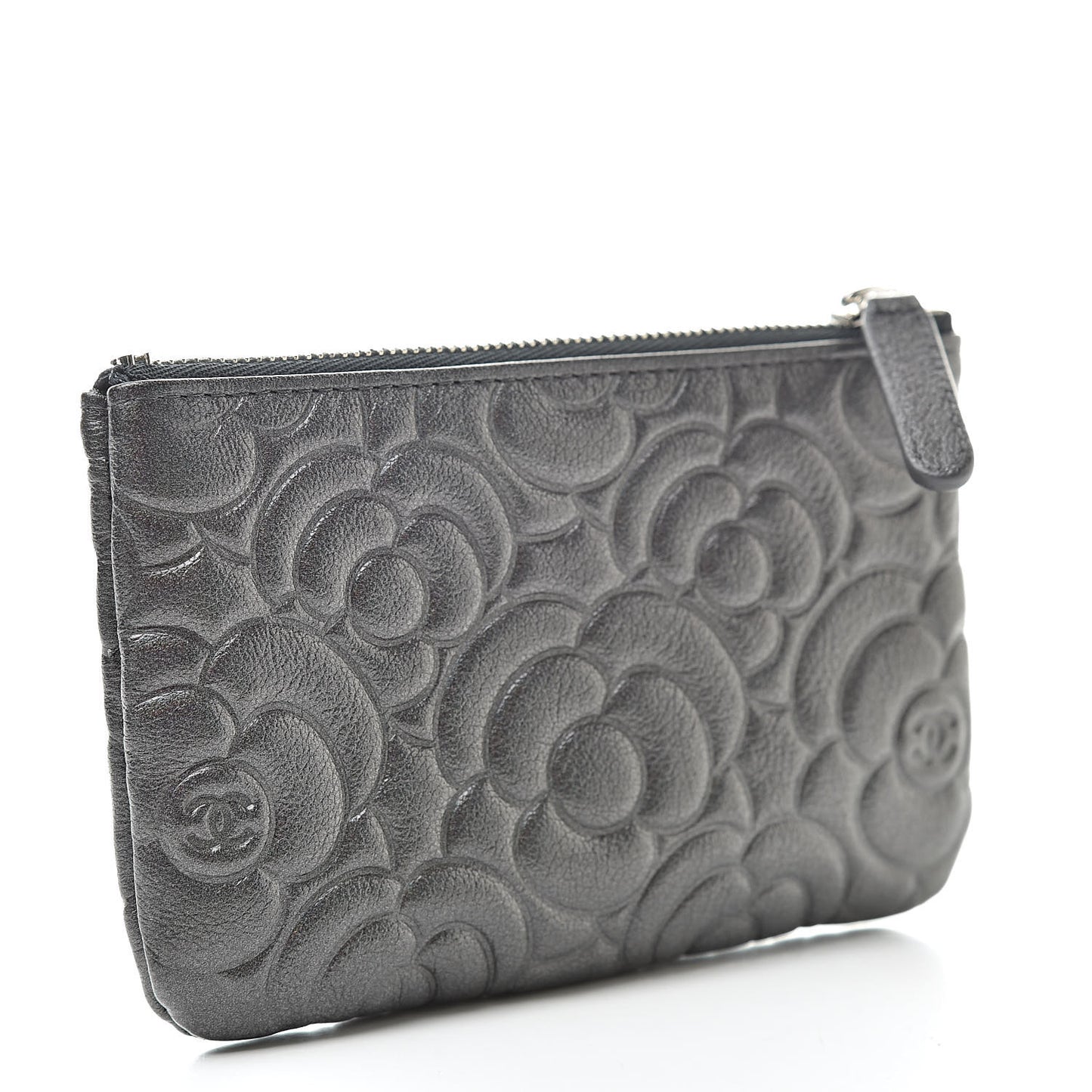 Goatskin Camellia Embossed Cosmetic Pouch Anthracite