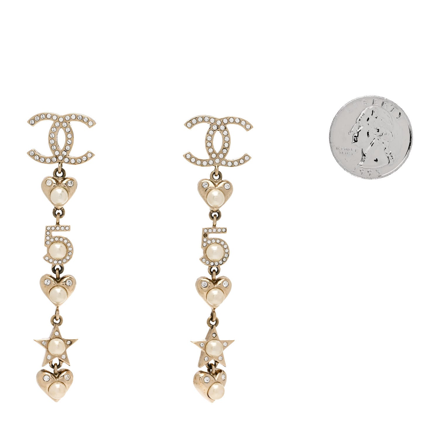 Chanel Crystal Pearl Charming Winter CC Star Heart Drop Earrings Gold 2 of 5
