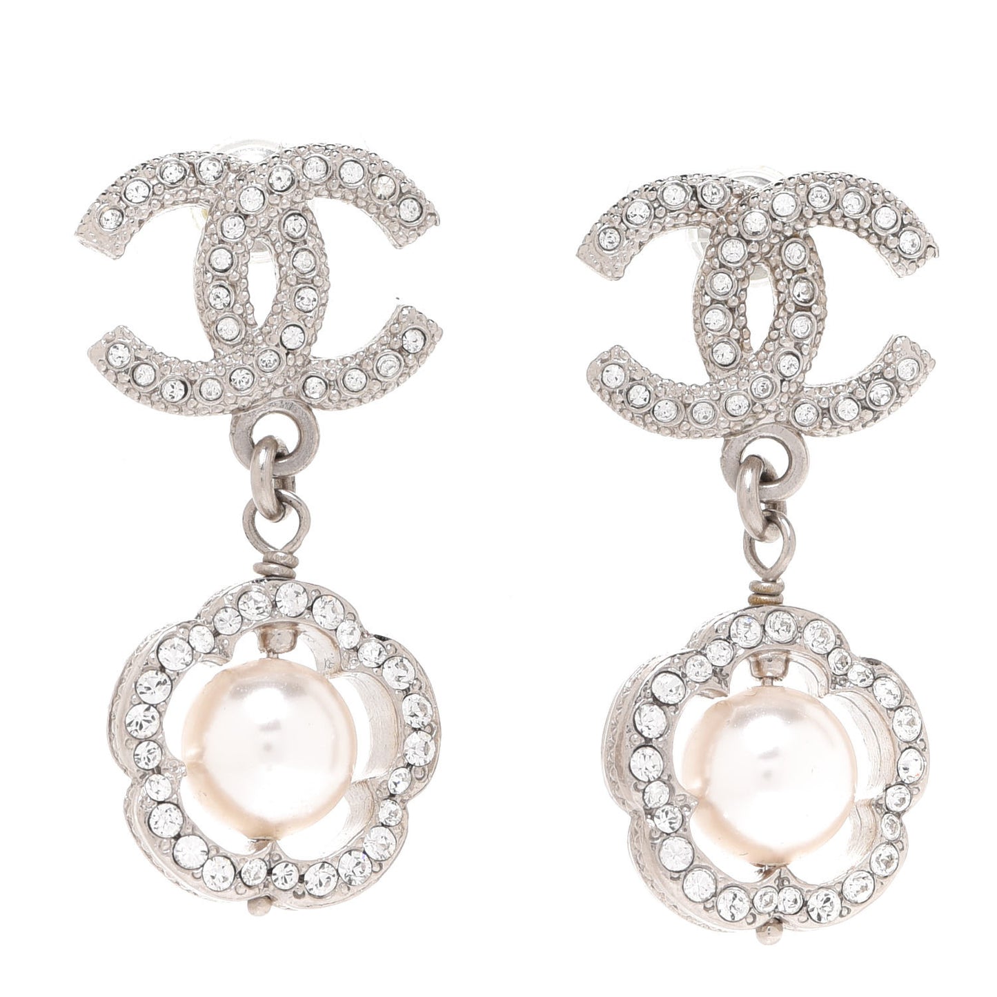 Crystal Pearl Camellia CC Coco Flapper Drop Earrings Silver