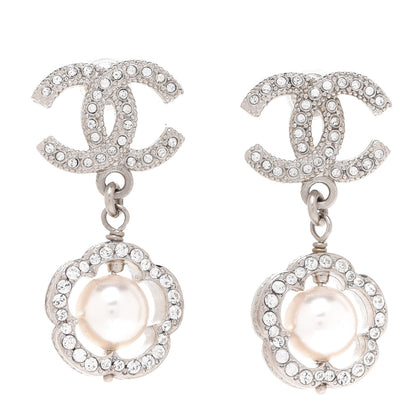 Chanel Crystal Pearl Camellia CC Coco Flapper Drop Earrings Silver 1 of 5