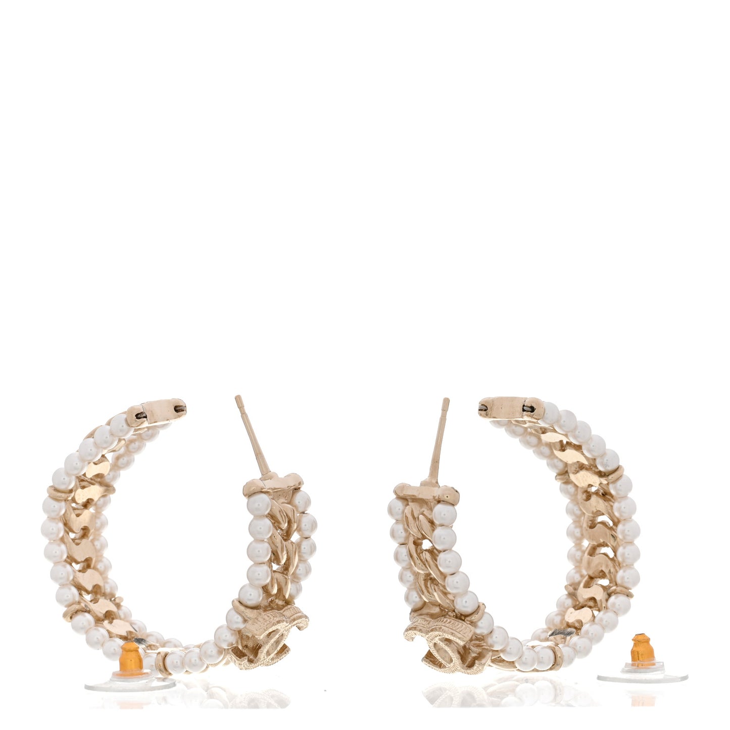 Pearl CC Chain Hoop Earrings Gold