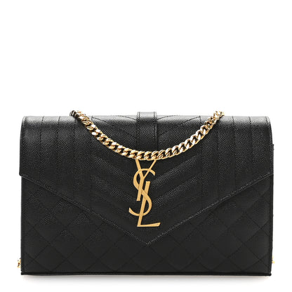 Saint Laurent Grain De Poudre Mixed Matelasse Triquilt Monogram Chain Wallet Black 1 of 10