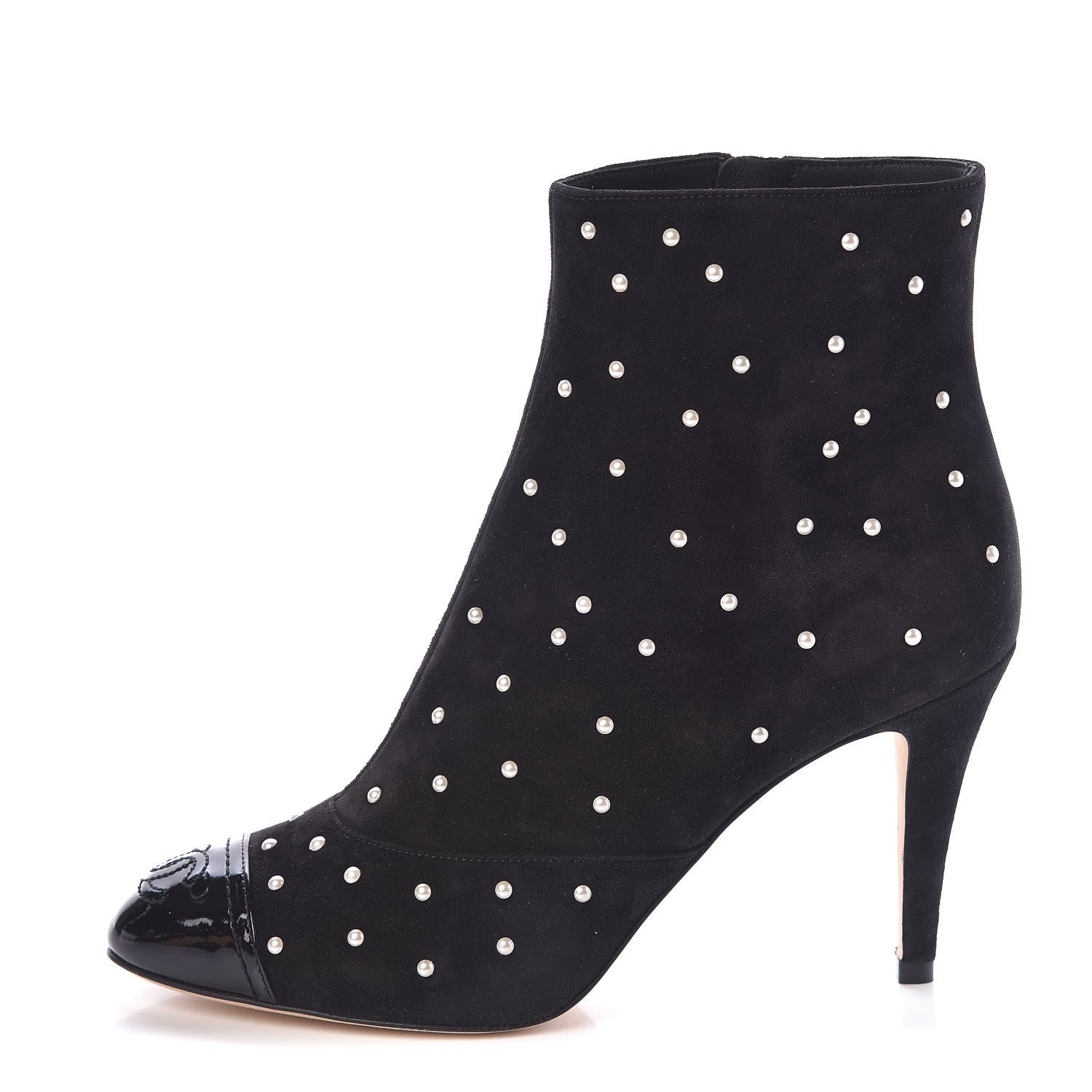 Chanel Suede Pearls Cap Toe Short Boots 36.5 Black 1 of 8