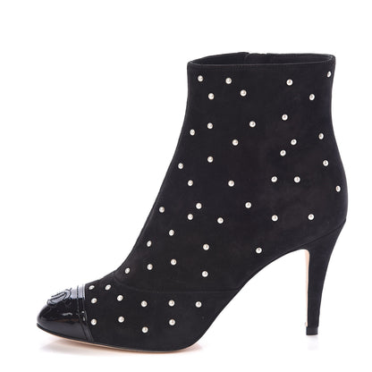 Chanel Suede Pearls Cap Toe Short Boots 36.5 Black 1 of 8