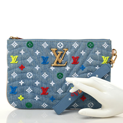 Louis Vuitton Embroidered Monogram Denim New Wave Zipped Pochette Blue 2 of 8