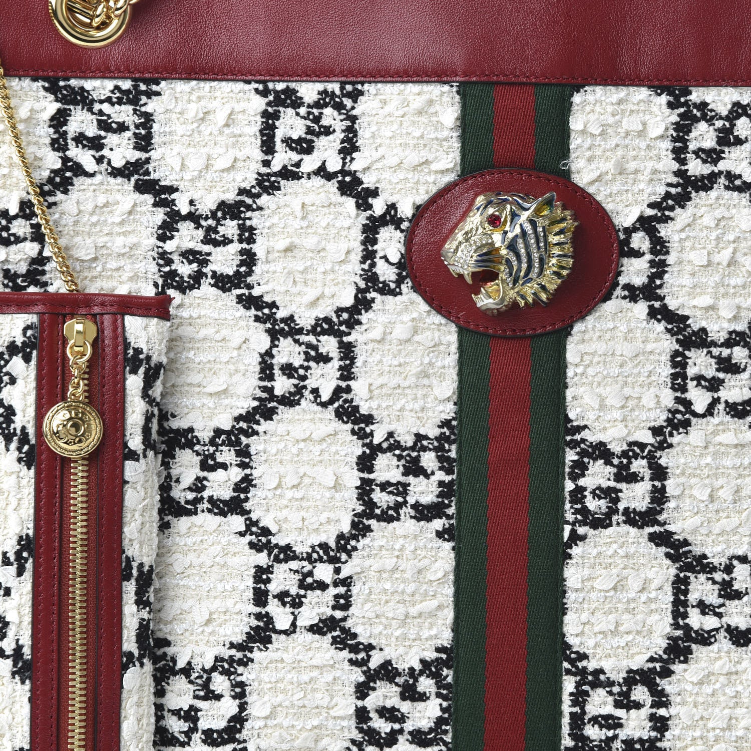 Gucci Tweed GG Monogram Large Rajah Chain Tote White Black Romantic Cherry 10 of 10