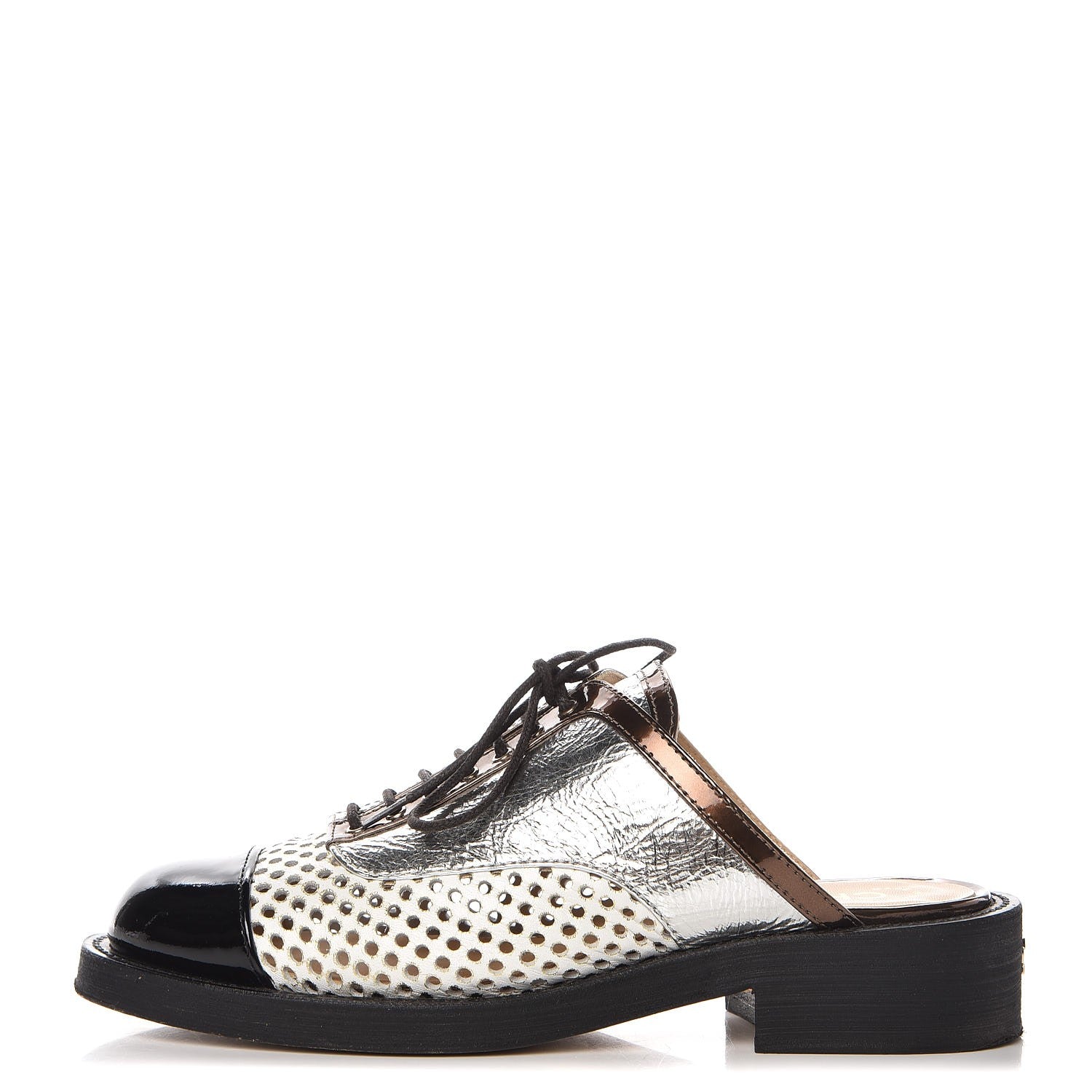 Chanel Lambskin Perforated Cap Toe Lace Up Mules 36 Silver Black 1 of 12