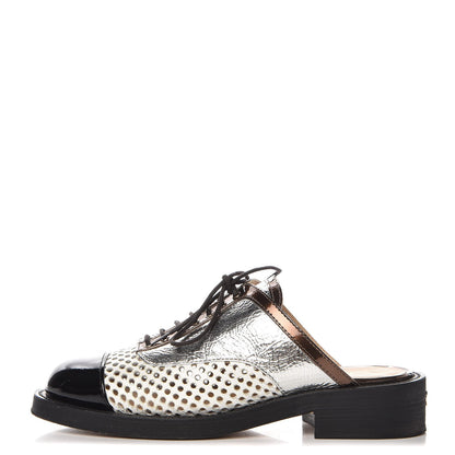 Chanel Lambskin Perforated Cap Toe Lace Up Mules 36 Silver Black 1 of 12