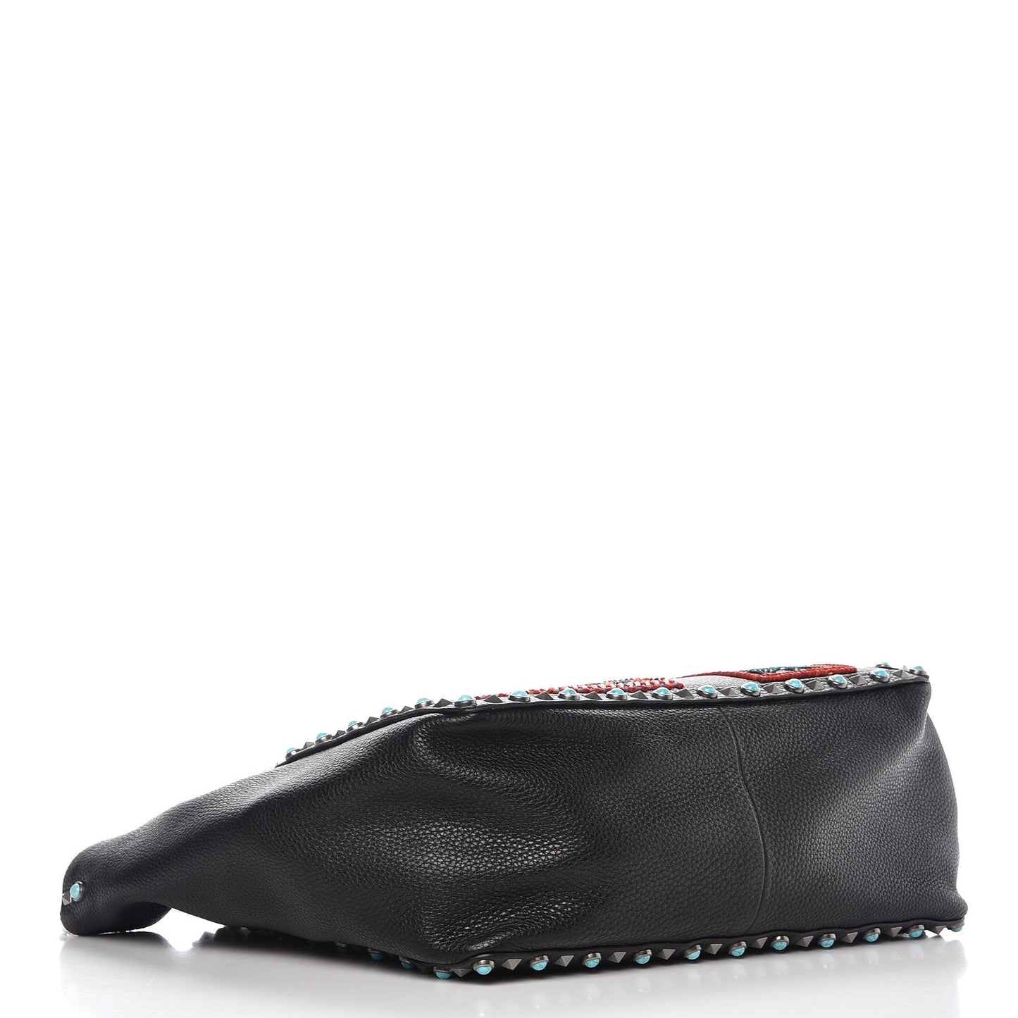 Grained Calfskin Patch Beaded Medium Rockstud Rolling Crossbody Tote Black Multicolor