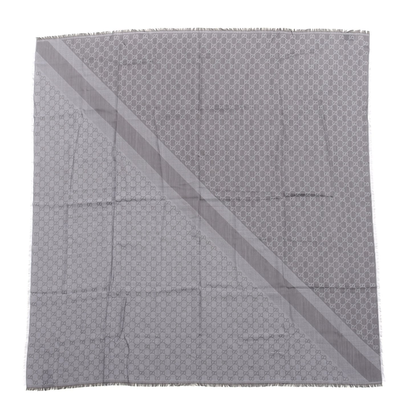 Wool Silk Monogram GGWeb Fringe Shawl Pearl Medium Grey