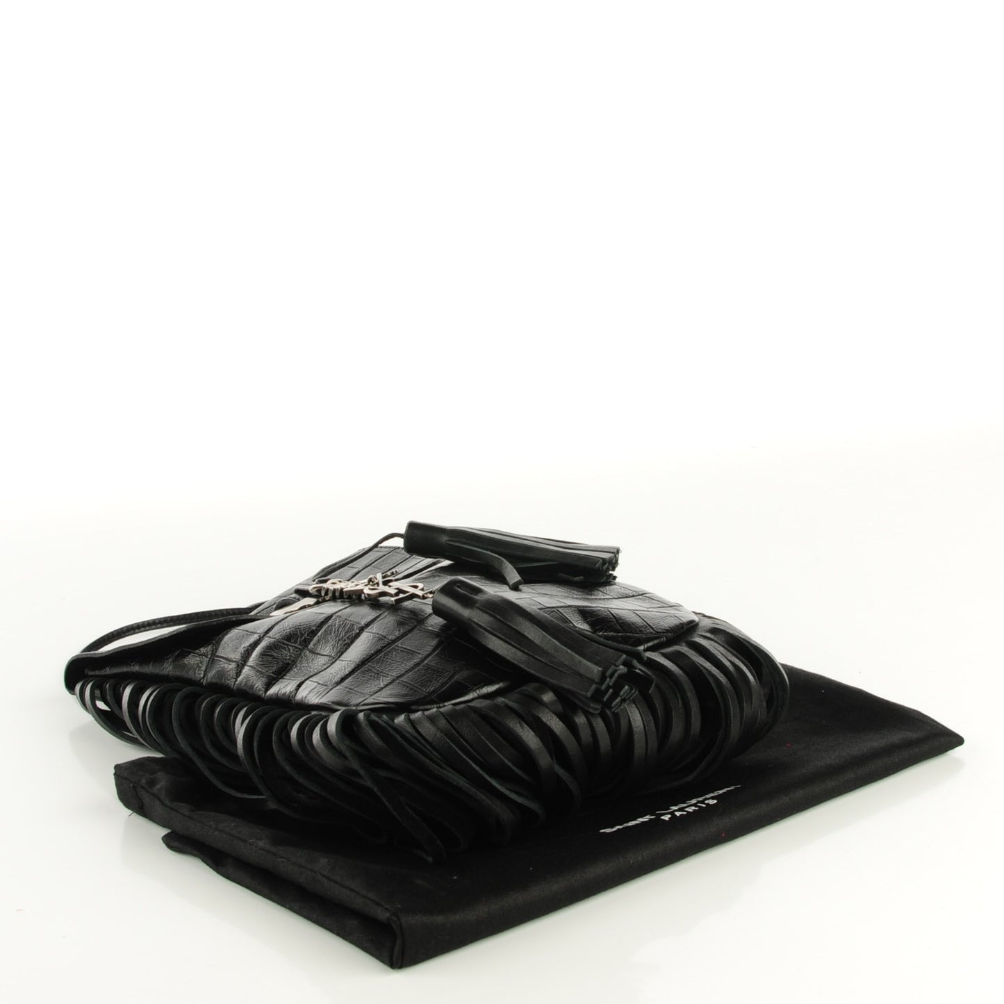 Calfskin Crocodile Embossed Tasseled Flat Anita Bag Black