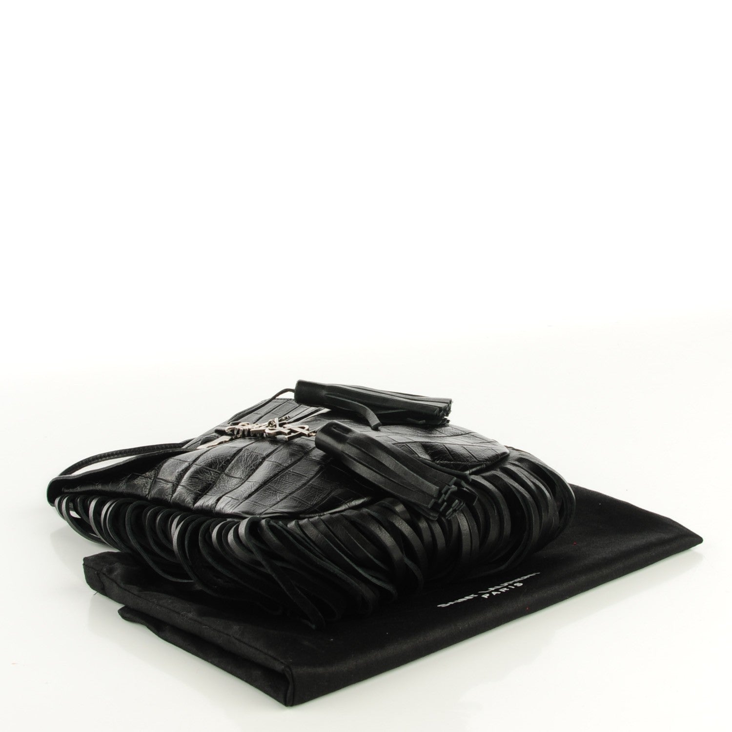Saint Laurent Calfskin Crocodile Embossed Tasseled Flat Anita Bag Black 4 of 7