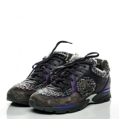 Chanel Suede Tweed Goatskin CC Sneakers 39.5 Grey Purple 3 of 6