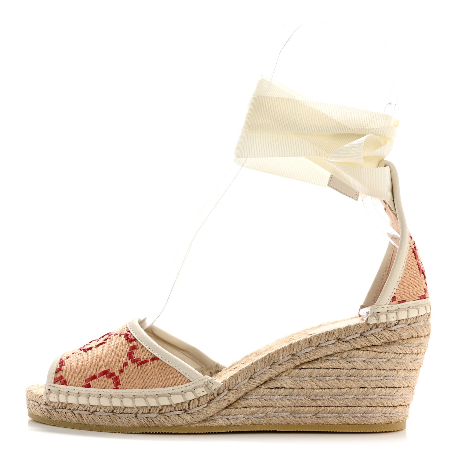 Gucci GG Raffia Monogram Ankle Wrap Platform Espadrille Wedge Sandals 38.5 Beige 1 of 10