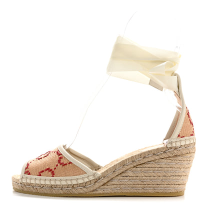 Gucci GG Raffia Monogram Ankle Wrap Platform Espadrille Wedge Sandals 38.5 Beige 1 of 10