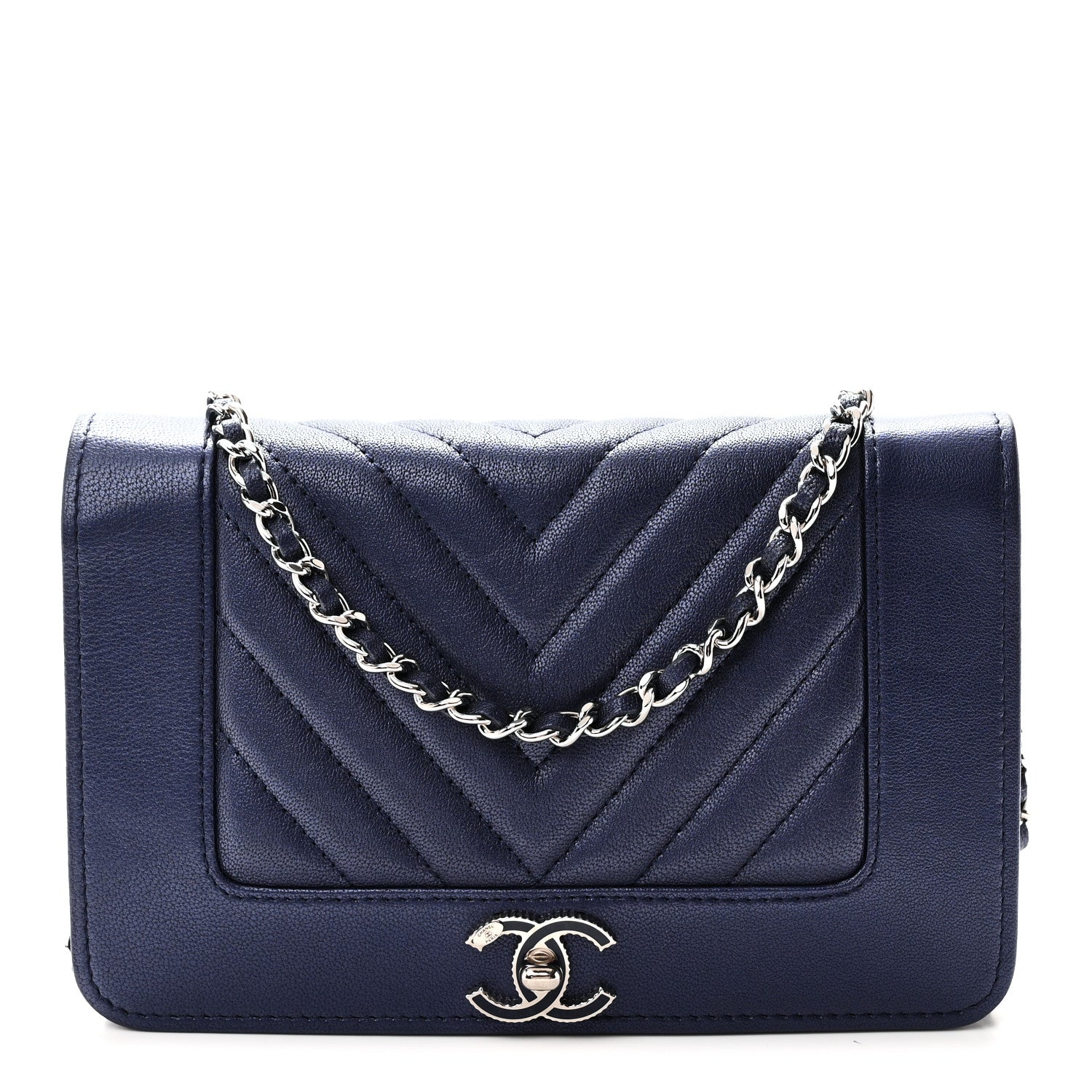 Chanel Metallic Sheepskin Chevron Quilted Vintage Mademoiselle Wallet On Chain WOC Navy 1 of 11