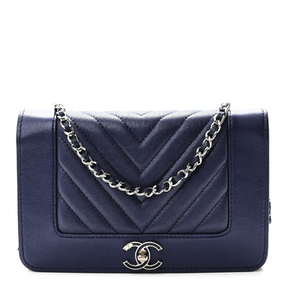 Chanel Metallic Sheepskin Chevron Quilted Vintage Mademoiselle Wallet On Chain WOC Navy 1 of 11