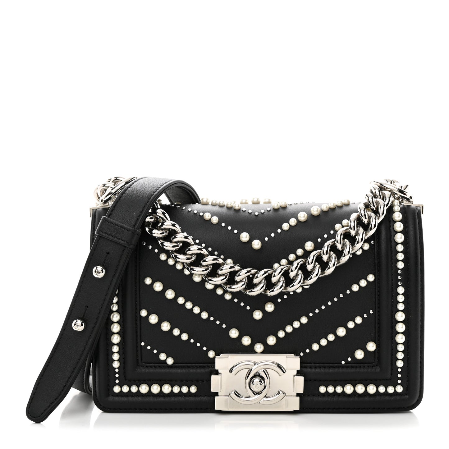 Calfskin Pearl Chevron Small Boy Flap Black