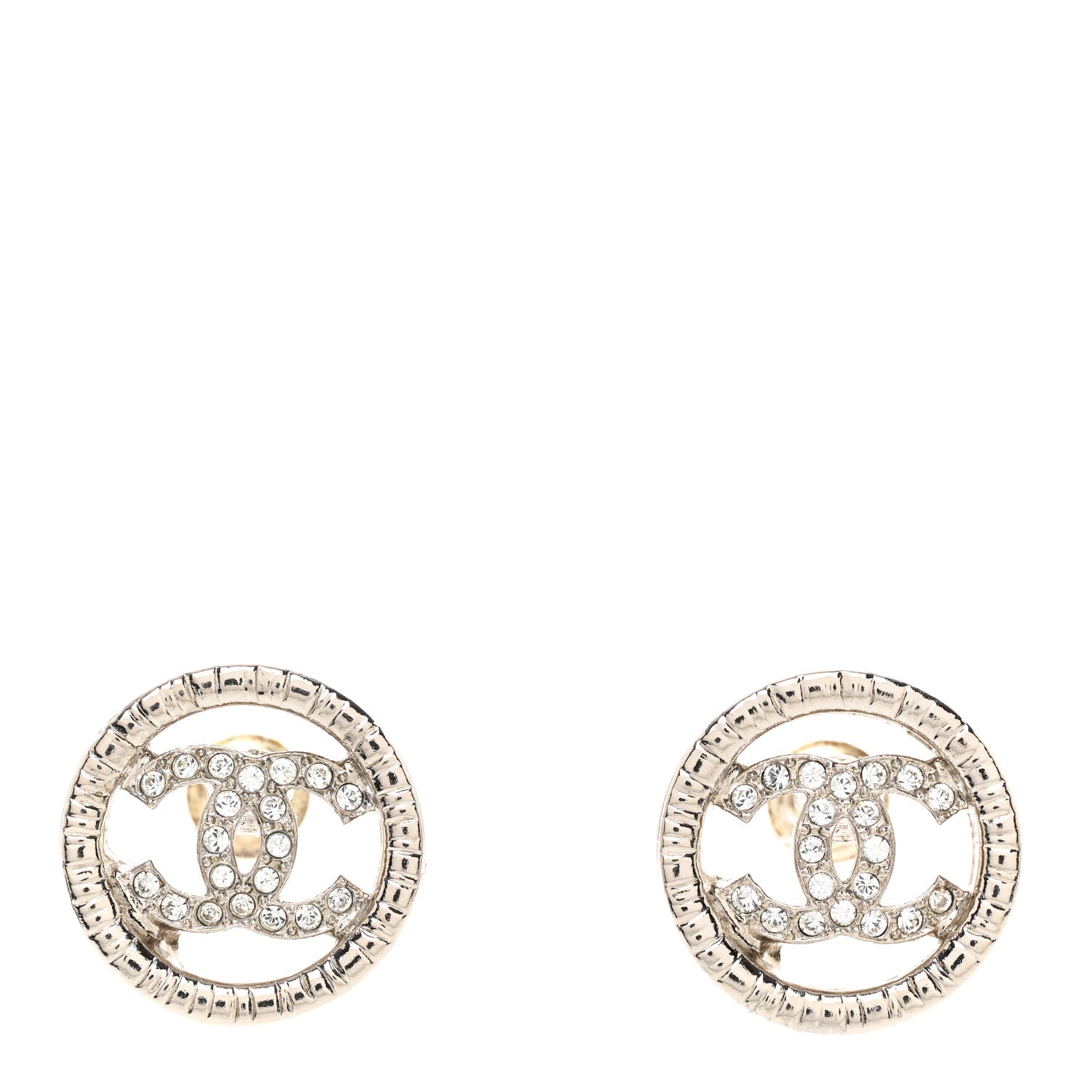 Chanel Metal Crystal Textured CC Round Earrings Silver 1 of 5