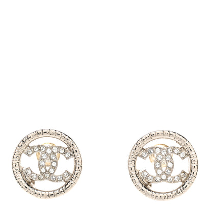 Chanel Metal Crystal Textured CC Round Earrings Silver 1 of 5