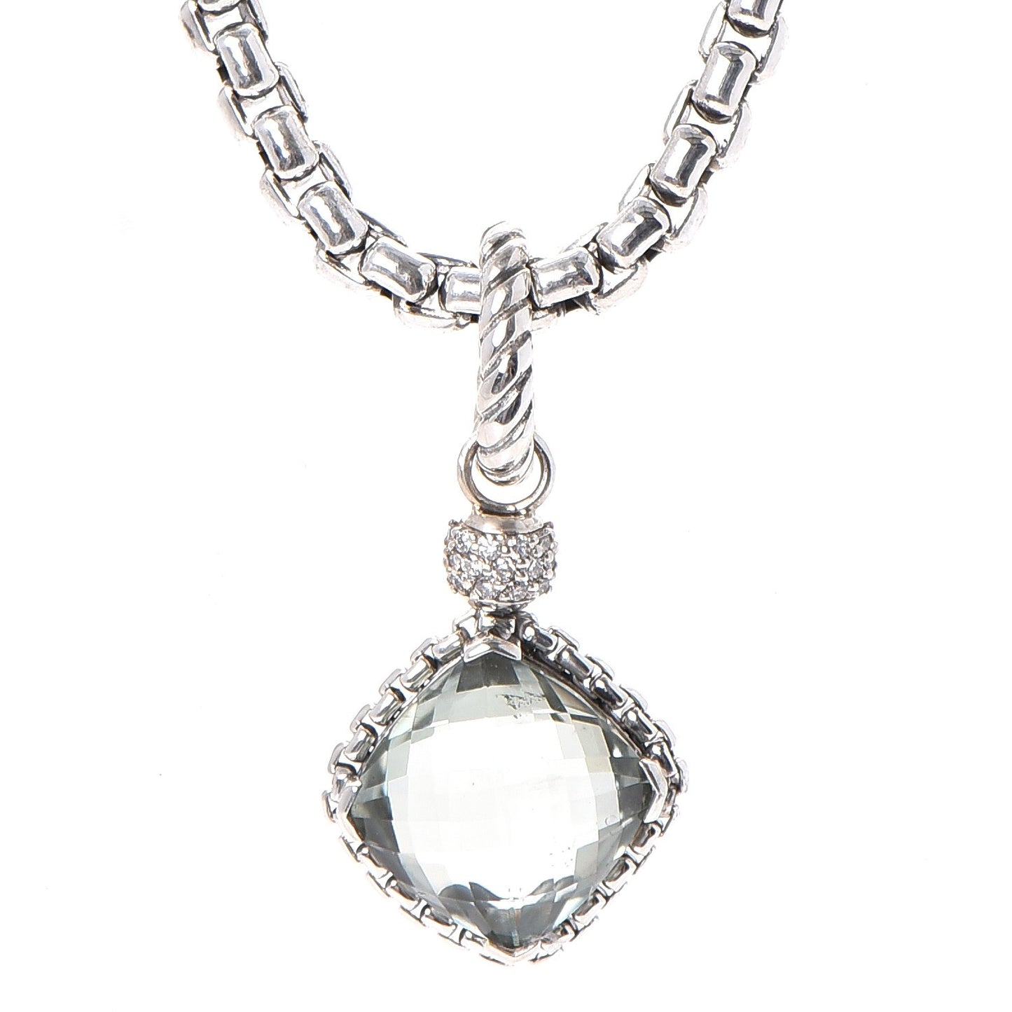 Sterling Silver 14K Yellow Gold Pave Diamond Prasiolite 11mm Cushion On Point Pendant Necklace
