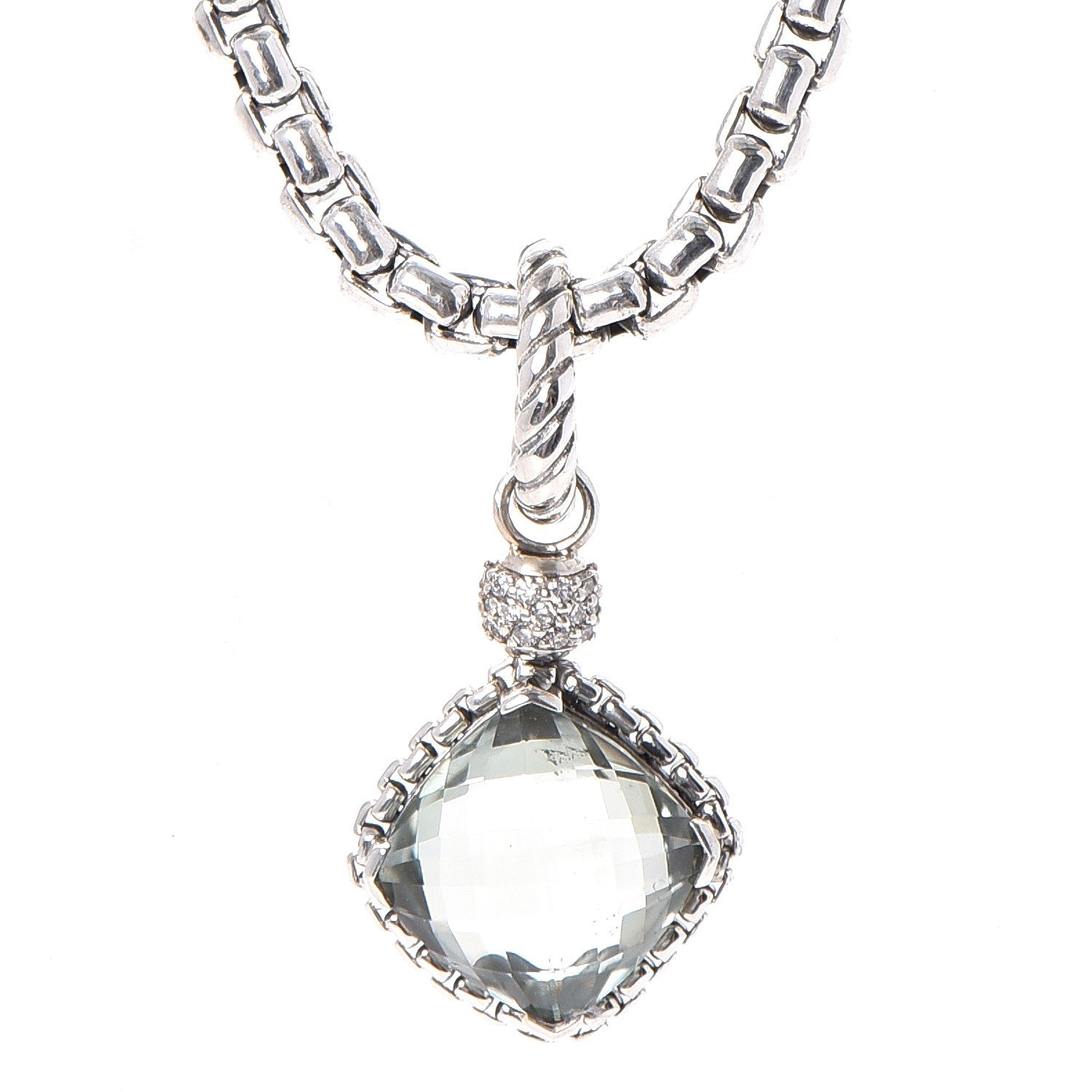 David Yurman Sterling Silver 14K Yellow Gold Pave Diamond Prasiolite 11mm Cushion On Point Pendant Necklace 3 of 7