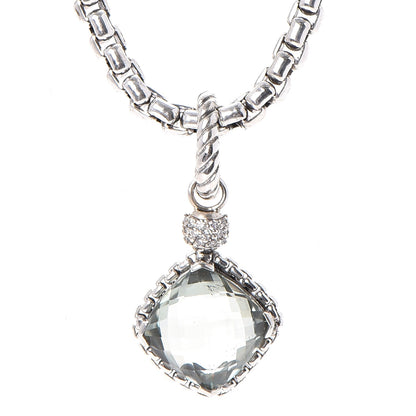 David Yurman Sterling Silver 14K Yellow Gold Pave Diamond Prasiolite 11mm Cushion On Point Pendant Necklace 3 of 7