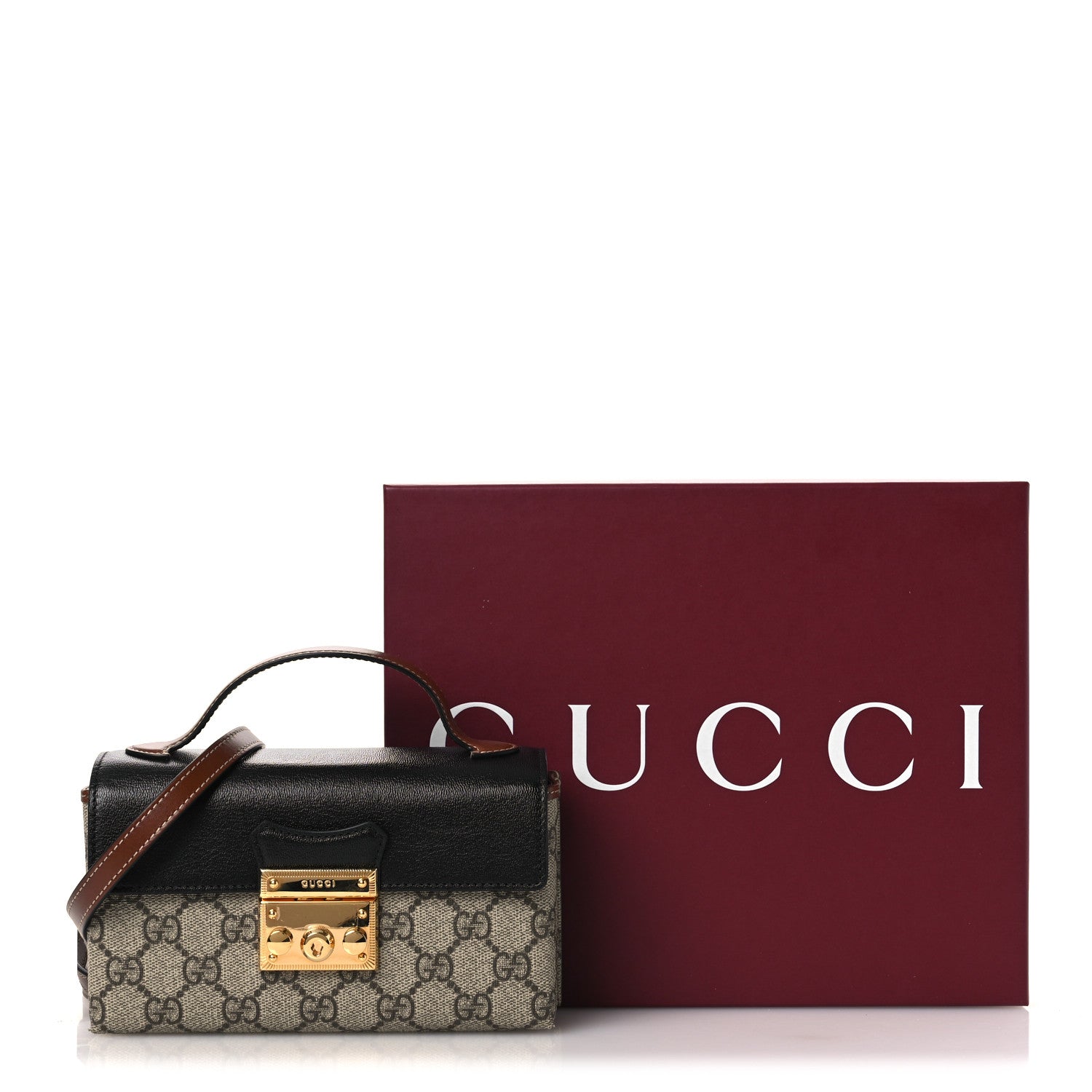 Gucci GG Supreme Monogram Calfskin Mini Padlock Top Handle Shoulder Bag Beige Black Cuir 13 of 13